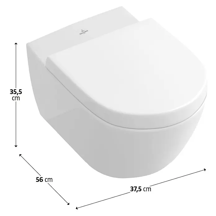 Villeroy & Boch Subway 2.0 Wand-WC - Spülrandlos, Mit schmutzabweisender Glasur, Spülform: Tief, WC Abgang: Waagerecht, Weiß - Abbildung einer weißen, wandhängenden Villeroy & Boch Toilette mit Maßangaben für Höhe, Tiefe und Breite.