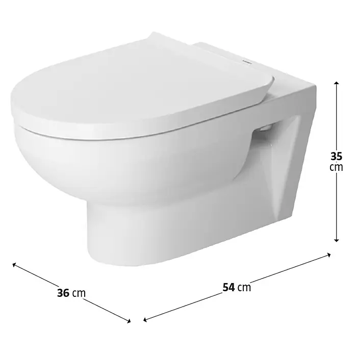 Duravit DuraStyle Wand-WC-Set Basic - Spülrandlos, Ohne Spezialglasur, Spülform: Tief, WC Abgang: Waagerecht, Weiß - Eine hängende Keramiktoilette in Weiß, mit klaren Linien und den Maßen 35 cm Höhe, 54 cm Tiefe und 36 cm Breite.