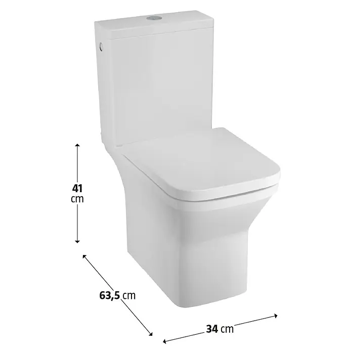 Camargue Los Angeles Stand-WC für Kombination - Spülrandlos, Ohne Spezialglasur, Spülform: Tief, WC Abgang: Waagerecht, Weiß, Ohne Porzellan-Spülkasten - Abbildung einer weißen Toilette mit den Maßen 41 cm Höhe, 63,5 cm Länge und 34 cm Breite.