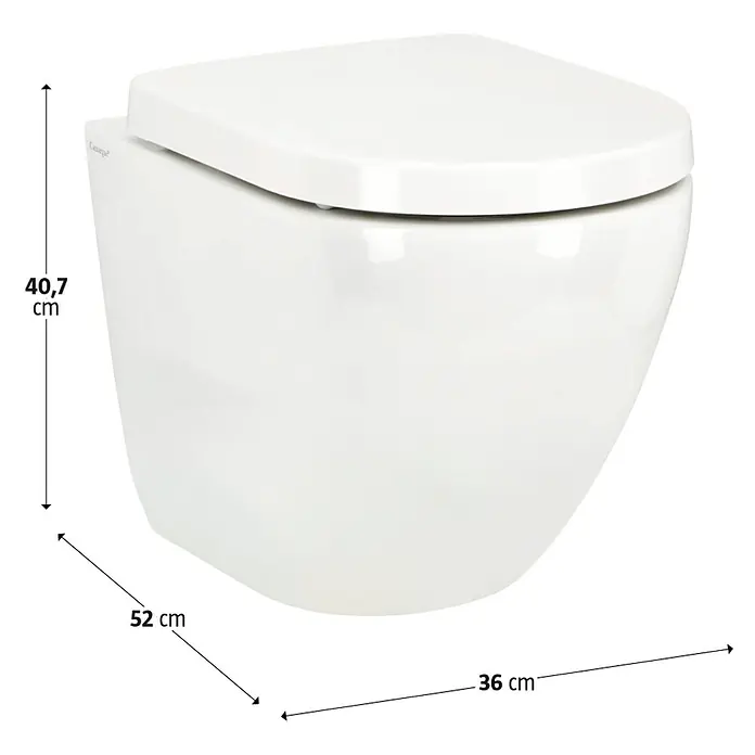 Camargue Wand-WC-Set Plus 50 2.0 - Spülrandlos, Ohne Spezialglasur, Spülform: Tief, WC Abgang: Waagerecht, Weiß - Abbildung einer weißen wandhängenden Toilette mit den Maßen 40,7 cm Höhe, 52 cm Tiefe und 36 cm Breite.