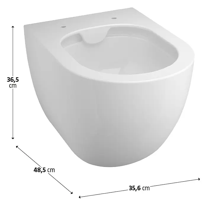 Camargue Pico Wand-WC 2.0 - Spülrandlos, Ohne Spezialglasur, Spülform: Tief, WC Abgang: Waagerecht, Weiß - Wand-Bidet in Weiß mit den Maßen 36,5 cm Höhe, 48,5 cm Tiefe und 35,6 cm Breite für eine moderne Badgestaltung.