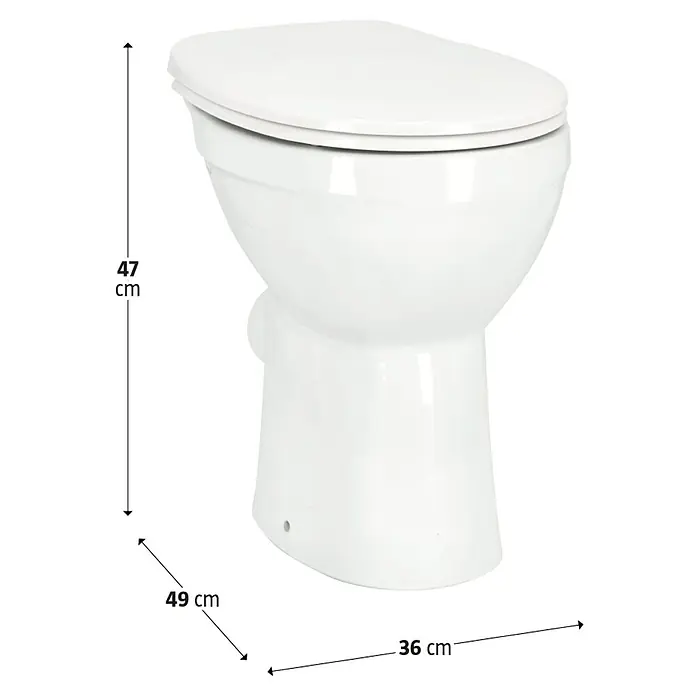 Camargue Stand-WC-Set Plus 75 2.0 - Spülrandlos, Ohne Spezialglasur, Spülform: Tief, WC Abgang: Waagerecht, Weiß - Detailansicht eines weißen Stand-WCs mit den Maßen 47cm Höhe, 49cm Tiefe und 36cm Breite. Optimal für jedes Badezimmer.
