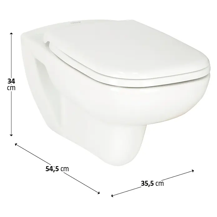 Duravit D-Code Wand-WC-Set - Spülrandlos, Ohne Spezialglasur, Spülform: Tief, WC Abgang: Waagerecht, Weiß - Das Bild zeigt eine wandhängende Toilette in Weiß mit den Maßen 34cm Höhe, 54,5cm Tiefe und 35,5cm Breite.