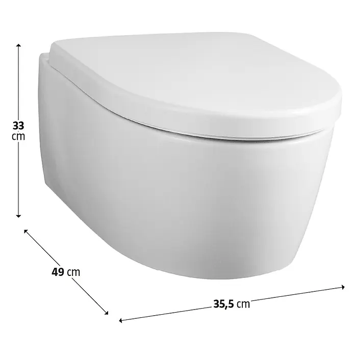 Geberit iCon Wand-WC-Set XS - Spülrandlos, Ohne Spezialglasur, Spülform: Tief, WC Abgang: Waagerecht, Weiß - Abbildung einer spülrandlosen Wand-Tiefspültoilette mit den Maßen 33 cm Höhe, 49 cm Breite und 35,5 cm Tiefe.