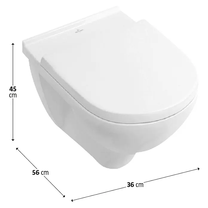 Villeroy & Boch O.novo Wand-WC-Set - Spülrandlos, Mit schmutzabweisender Glasur, Spülform: Tief, WC Abgang: Waagerecht, Weiß - Bild einer weißen, wandhängenden Toilette mit Maßangaben. Ideal für moderne Badezimmer, platzsparend und stilvoll.