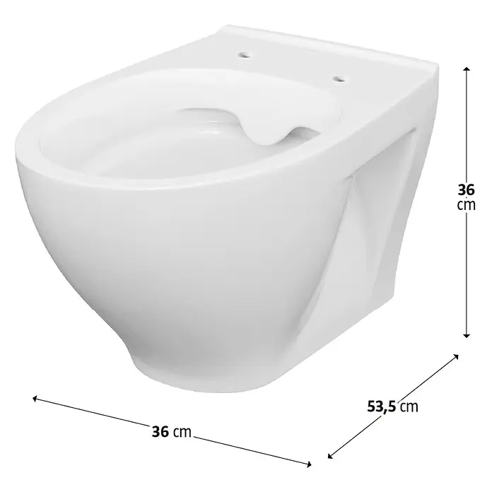 Camargue New York Wand-WC 2.0 - Spülrandlos, Ohne Spezialglasur, Spülform: Tief, WC Abgang: Waagerecht, Weiß - Abbildung einer weißen, wandhängenden Toilette mit den Maßen 36 x 36 x 53,5 cm. Ideal für moderne Badezimmerdesigns.