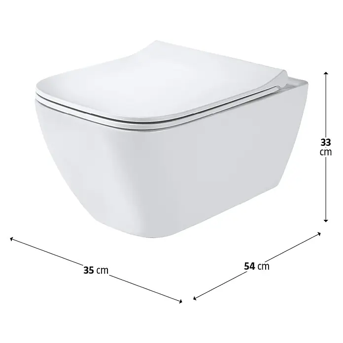 Geberit Smyle Square Wand-WC-Set - Spülrandlos, Ohne Spezialglasur, Spülform: Tief, WC Abgang: Waagerecht, Weiß - Bild einer hängenden, weißen Toilette mit den Maßen 33 cm Höhe, 35 cm Breite und 54 cm Tiefe.