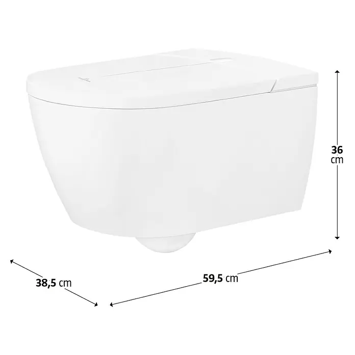 Villeroy & Boch Wand-Dusch-WC-Set ViClean I100 - Spülrandlos, Mit schmutzabweisender Glasur, Spülform: Tief, WC Abgang: Waagerecht, Weiß - Abbildung einer weißen wandhängenden Toilette mit den Maßen 36cm Höhe, 59,5cm Länge und 38,5cm Breite.