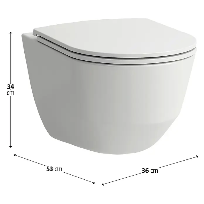 Laufen Pro Wand-WC - Spülrandlos, Ohne Spezialglasur, Spülform: Tief, WC Abgang: Waagerecht, Weiß - Bild eines wandhängenden WCs in Weiß mit den Maßen 34 x 53 x 36 cm. Dieses moderne WC ist eine stilvolle Ergänzung für jedes Badezimmer.