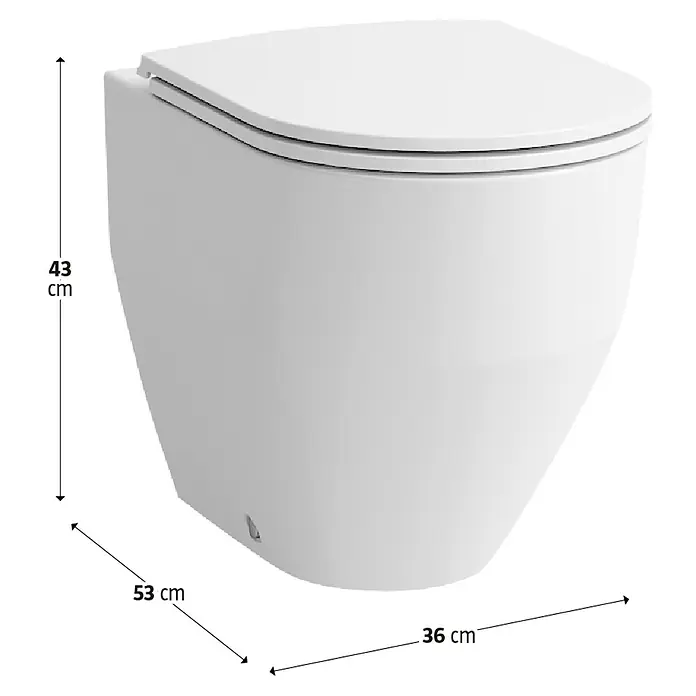 Laufen Pro Stand-WC - Spülrandlos, Ohne Spezialglasur, Spülform: Tief, WC Abgang: Senkrecht, Weiß - Das Bild zeigt eine Nahaufnahme einer weißen wandhängenden Toilette mit den Maßen 43 cm Höhe, 53 cm Länge und 36 cm Breite.