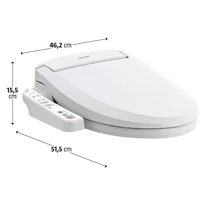 Dusch-WC-Sitz BH 60 - Kunststoff, Weiß, Mit Absenkautomatik - Abbildung einer weißen Dusch-WC-Brille mit den Maßen 46,2 cm Breite, 51,5 cm Länge und 15,5 cm Höhe.