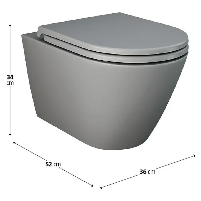 RAK Ceramics Feeling Wand-WC - Spülrandlos, Ohne Spezialglasur, Spülform: Tief, WC Abgang: Waagerecht, Grau, Matt - Ein graues Hänge-WC mit abgerundeten Formen und klar erkennbaren Maßen für eine einfache Badplanung.