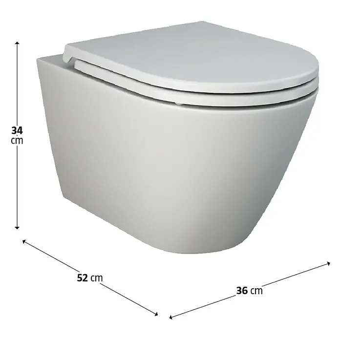 RAK Ceramics Feeling Wand-WC - Spülrandlos, Ohne Spezialglasur, Spülform: Tief, WC Abgang: Waagerecht, Weiß, Matt - Wand-WC mit den Maßen 34 cm Höhe, 52 cm Länge und 36 cm Breite. Modernes Design für stilvolle Badezimmer.