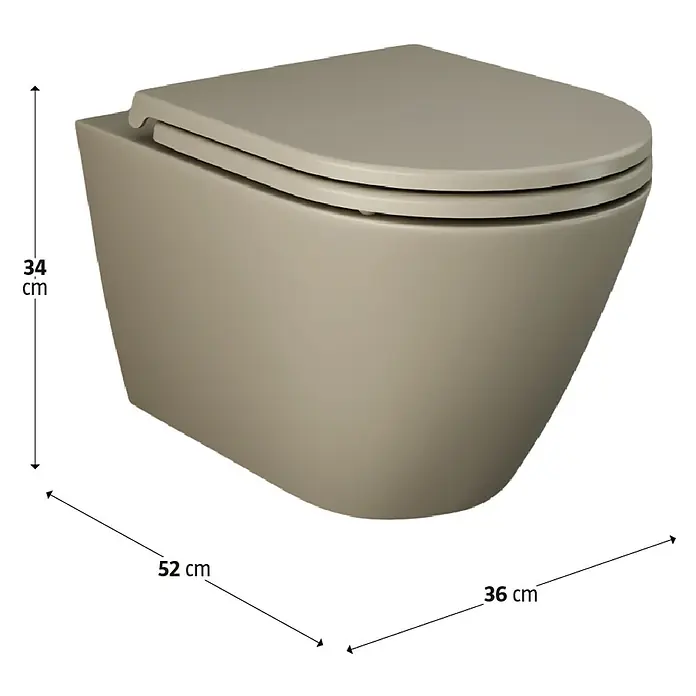 RAK Ceramics Feeling Wand-WC - Spülrandlos, Ohne Spezialglasur, Spülform: Tief, WC Abgang: Waagerecht, Cappuccino, Matt - Eine Nahaufnahme einer wandhängenden Toilette in Beige, die modernes Design und Funktionalität für das Badezimmer vereint.