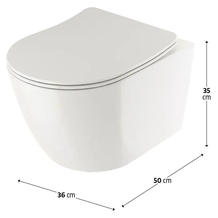 Camargue Paris Wand-WC-Set 2.0 Power-Flush - Spülrandlos, Ohne Spezialglasur, Spülform: Tief, WC Abgang: Waagerecht, Weiß - Bild einer wandhängenden Toilette mit den Maßen 35 x 50 x 36 cm, ideal für moderne Badezimmer.