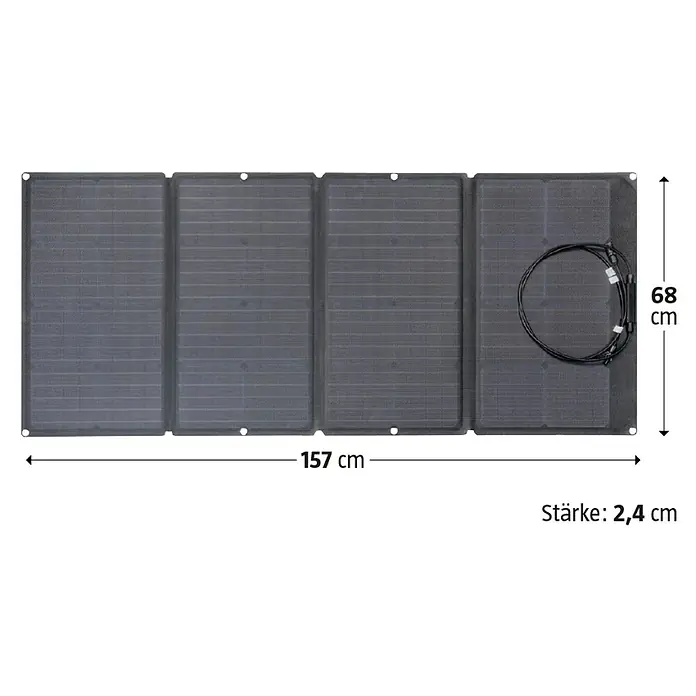 EcoFlow Solarmodul faltbar - L x B x H: 157 x 68 x 2,4 cm, 160 W - Das Bild zeigt ein faltbares Solarpanel mit den Maßen 157 cm x 68 cm und einer Stärke von 2,4 cm.