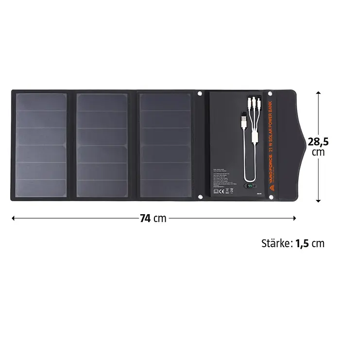 Yard Force Solar-Powerbank LX PB21 - 48,1 Wh, 65 x 28,5 x 1,5 cm - Abbildung eines zusammengeklappten YARD FORCE 21 W Solar Power Bank Ladegeräts mit Maßangaben zu Länge, Breite und Dicke.