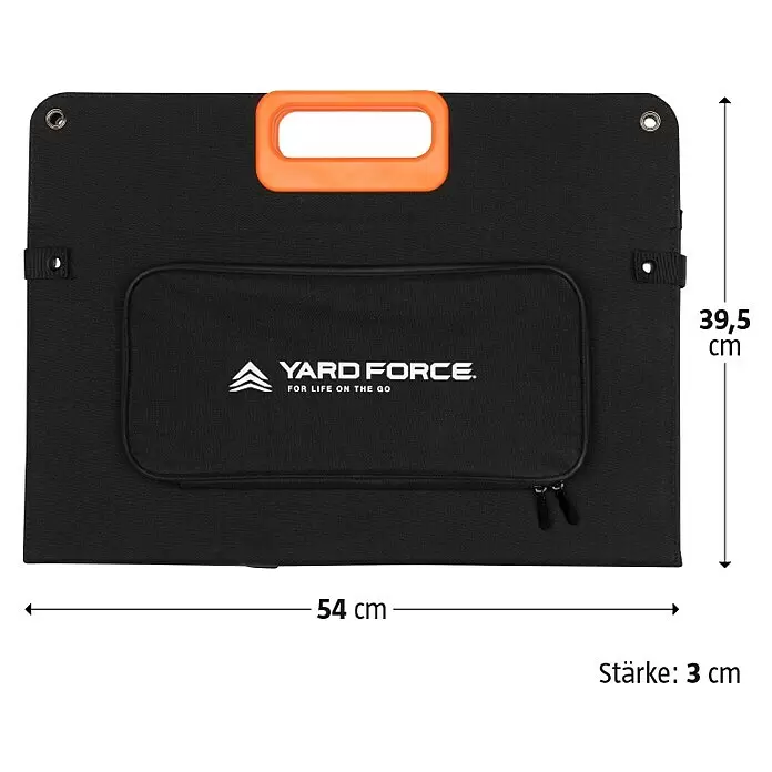 Yard Force Solarmodul Flex LX SPP10 - Max. Leistung: 100 W, 137 x 54 x 1,5 cm - Schwarzes faltbares Solarpanel mit orangefarbenem Griff, Reißverschlusstasche und 'YARD FORCE' Logo. Misst 54x39,5x3 cm.