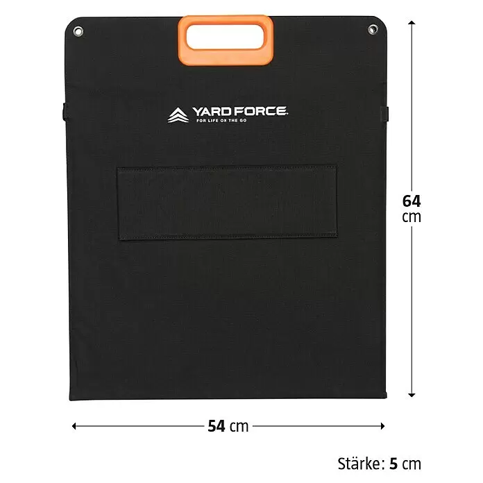 Yard Force Set Powerstation LX PS600 + Solarmodul Flex LX SPP20 - 518 Wh - Schwarzes faltbares Solarpanel mit orangem Griff, Maße: 64 x 54 x 5 cm.