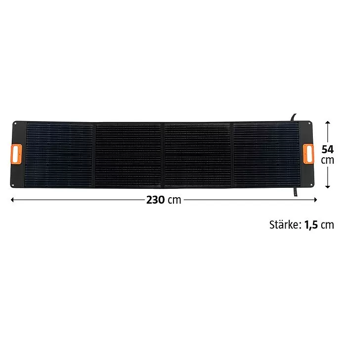 Yard Force Set Powerstation LX PS600 + Solarmodul Flex LX SPP20 - 518 Wh - Schwarzes faltbares Solarpanel mit orangefarbenen Griffen und Maßen 230 x 54 x 1,5 cm.