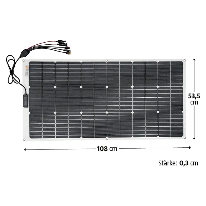 Technaxx Solarmodul flexibel TX-208 - Max. Leistung: 100 W, 0,3 x 108 x 53,5 cm - Produktabbildung eines flexiblen Solarmoduls mit den Maßen 108 cm x 53,5 cm und einer Stärke von 0,3 cm.