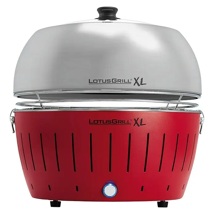 LotusGrill Grillhaube mit Glaseinsatz - Passend für: Lotusgrill Holzkohlegrill XL - LotusGrill XL: Kompakter, rauchfreier Grill mit Edelstahlhaube und rotem Korpus. Ideal für Grillabende im Freien.