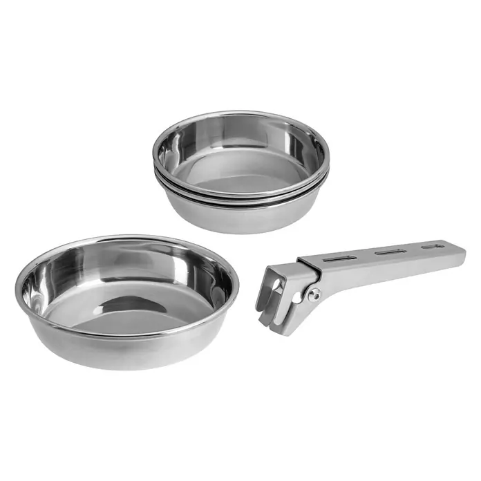 LotusGrill Pfannen-Set - Edelstahl - Das Bild zeigt ein Kochgeschirr-Set mit zwei Edelstahlschüsseln und einem abnehmbaren Griff auf schwarzem Hintergrund.
