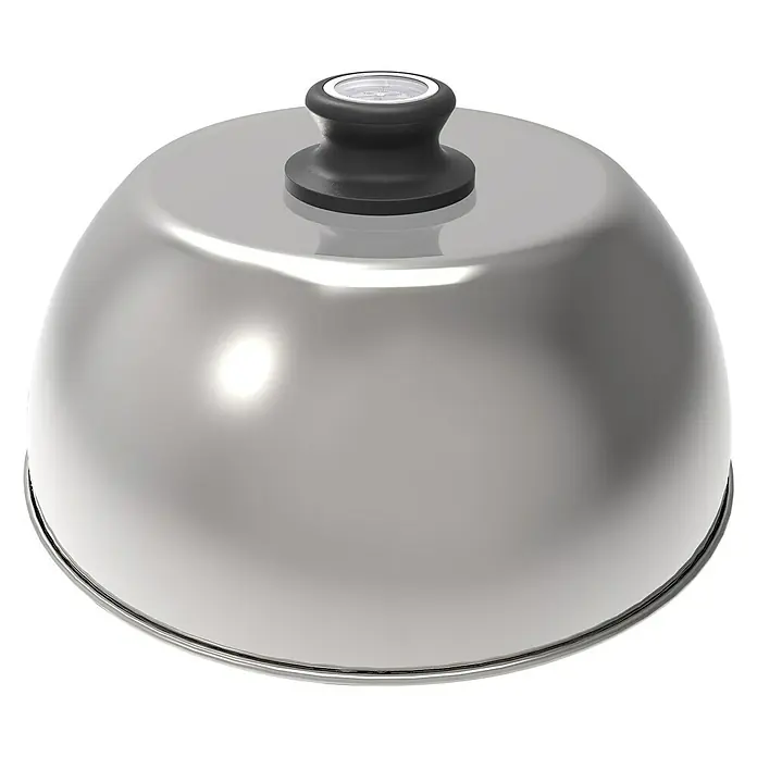 LotusGrill Grillhaube S - Passend für: Lotusgrill Holzkohlegrill S - Nahaufnahme eines silberfarbenen Speise-Cloche mit schwarzem Griff, ideal für elegante Präsentationen und Warmhalten von Speisen.