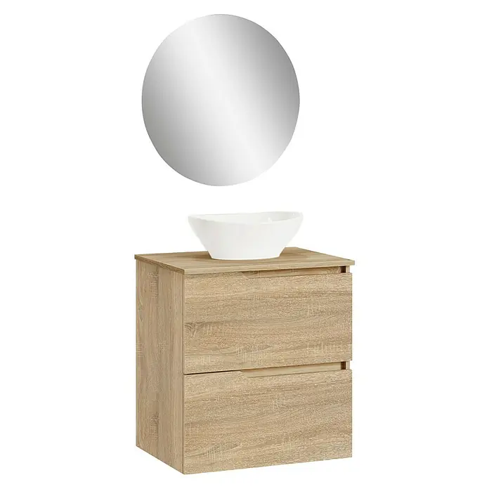 Artysan Conjunto de mueble de baño Zeus Top - Ancho: 60 cm, 4 pzs., Natural, Mate - Un mueble de baño moderno con dos cajones, un lavabo de encimera y un espejo redondo. Ideal para baños elegantes.