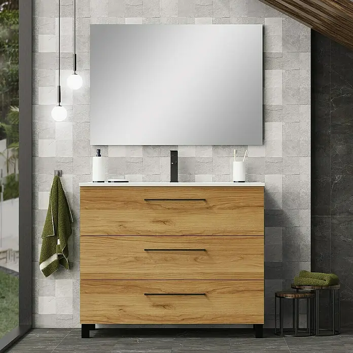 Artysan Conjunto de mueble de baño Arosa 3C - Ancho: 100 cm, 3 pzs., Teka, Mate - Un moderno lavabo de baño con tres cajones en acabado de madera y un gran espejo en la pared.