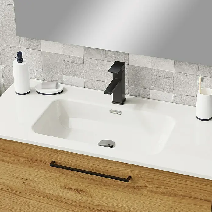 Artysan Conjunto de mueble de baño Arosa 3C - Ancho: 100 cm, 3 pzs., Teka, Mate - Lavabo de baño moderno con grifo negro, dispensador de jabón y toallero, ideal para diseños de baño elegantes.
