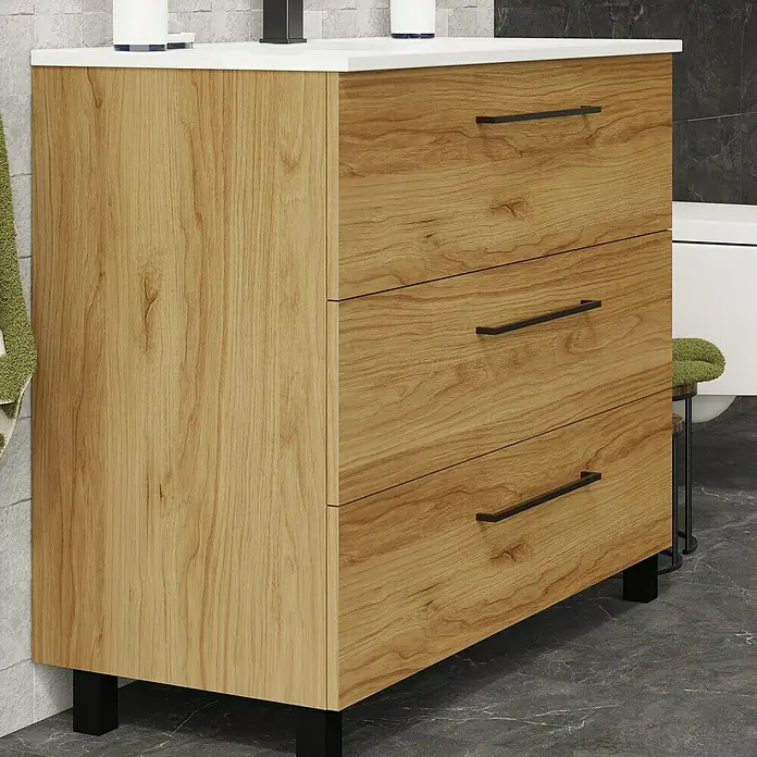 Artysan Conjunto de mueble de baño Arosa 3C - Ancho: 100 cm, 3 pzs., Teka, Mate - Mueble de baño con aspecto de madera con tres cajones y tiradores negros bajo un lavabo blanco. Un diseño atemporal para cualquier baño.