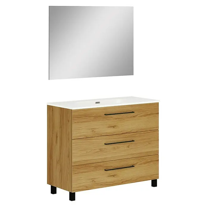 Artysan Conjunto de mueble de baño Arosa 3C - Ancho: 100 cm, 3 pzs., Teka, Mate - Un moderno mueble de baño con tres cajones y un espejo a juego para el baño. El mueble tiene un acabado con aspecto de madera.