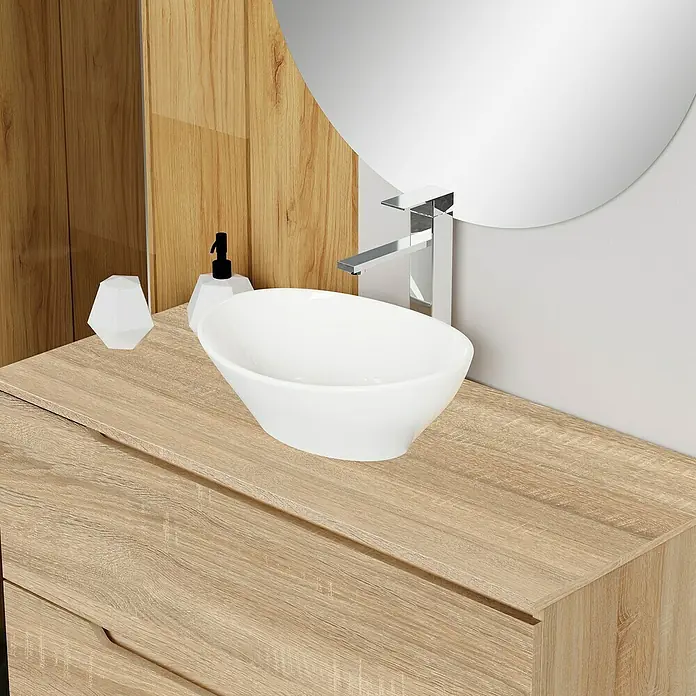 Artysan Conjunto de mueble de baño Zeus Top - Ancho: 100 cm, 4 pzs., Natural, Mate - Un elegante lavabo de baño en blanco sobre un mueble de madera con un diseño minimalista.