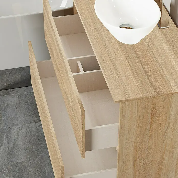 Artysan Conjunto de mueble de baño Zeus Top - Ancho: 100 cm, 4 pzs., Natural, Mate - Cajones abiertos de un mueble de baño de madera clara con un lavabo blanco encima.