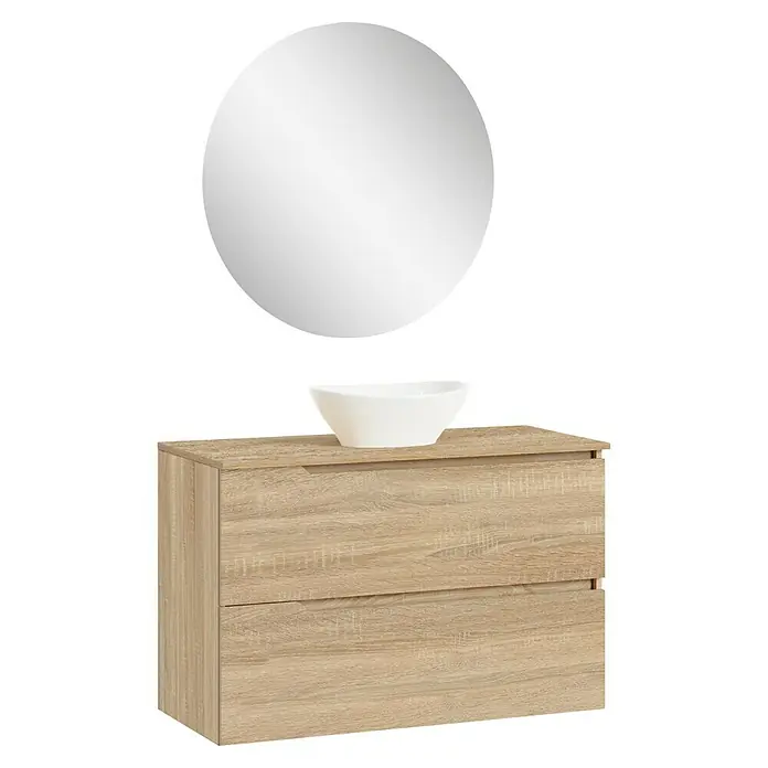 Artysan Conjunto de mueble de baño Zeus Top - Ancho: 100 cm, 4 pzs., Natural, Mate - La imagen muestra un tocador moderno con un espejo redondo encima, perfecto para cualquier baño.