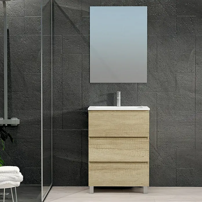 Artysan Conjunto de mueble de baño Patri - Ancho: 60 cm, 3 pzs., Nature, Mate - Un tocador de baño con tres cajones, un lavabo moderno y un espejo sobre una pared de azulejos oscuros.