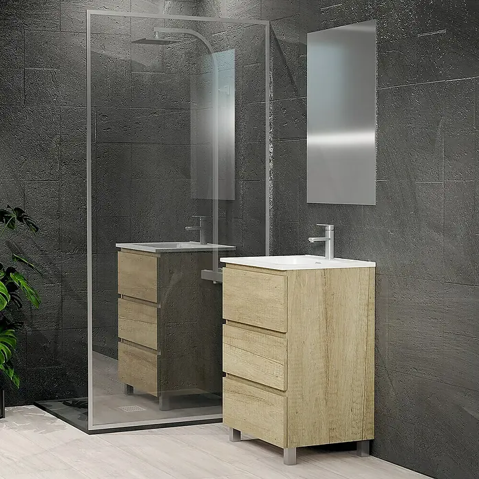 Artysan Conjunto de mueble de baño Patri - Ancho: 60 cm, 3 pzs., Nature, Mate - Un mueble de lavabo de madera clara con tres cajones y un lavabo blanco, ideal para baños modernos.