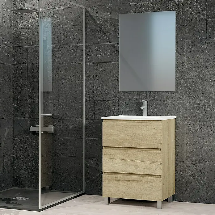 Artysan Conjunto de mueble de baño Patri - Ancho: 60 cm, 3 pzs., Nature, Mate - Baño con cabina de ducha y mueble de lavabo con aspecto de madera, con lavabo sobre encimera blanco y espejo.