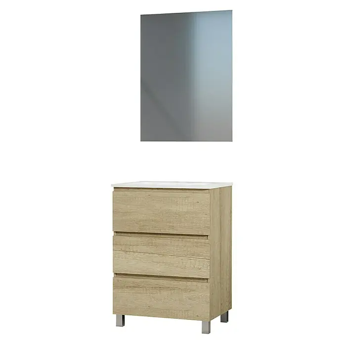 Artysan Conjunto de mueble de baño Patri - Ancho: 60 cm, 3 pzs., Nature, Mate - Elegante conjunto de baño con mueble de lavabo en aspecto madera y espejo a juego. Diseño elegante para baños modernos.