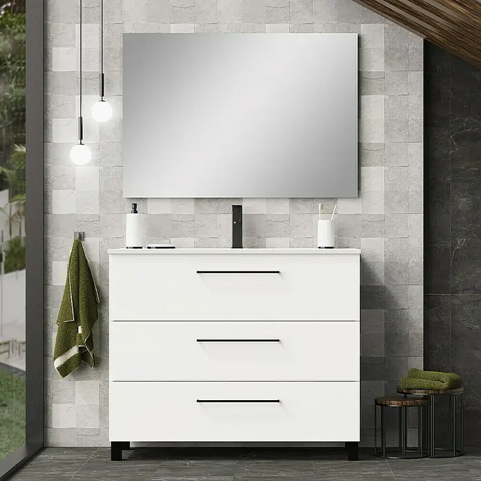 Artysan Conjunto de mueble de baño Arosa 3C - Ancho: 100 cm, 3 pzs., Blanco, Mate - Un baño moderno con un tocador blanco de tres cajones, un espejo grande y luces colgantes elegantes.