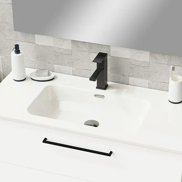 Artysan Conjunto de mueble de baño Arosa 3C - Ancho: 100 cm, 3 pzs., Blanco, Mate - Un elegante lavabo con grifo negro moderno y accesorios de baño prácticos para un baño elegante.