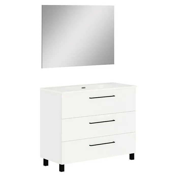 Artysan Conjunto de mueble de baño Arosa 3C - Ancho: 100 cm, 3 pzs., Blanco, Mate - Moderno conjunto de muebles de baño con mueble bajo blanco y espejo rectangular para diseños elegantes.