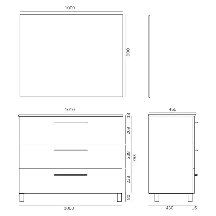 Artysan Conjunto de mueble de baño Arosa 3C - Ancho: 100 cm, 3 pzs., Teka, Mate - Representación de un mueble de baño con tres cajones, incluyendo dimensiones para diseño y planificación.