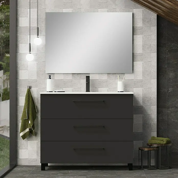 Artysan Conjunto de mueble de baño Arosa 3C - Ancho: 100 cm, 3 pzs., Negro, Mate - Un moderno tocador de baño en antracita con tres cajones, un lavabo y un espejo. La iluminación elegante y los estantes completan el aspecto.