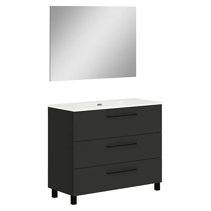 Artysan Conjunto de mueble de baño Arosa 3C - Ancho: 100 cm, 3 pzs., Negro, Mate - Juego de muebles de baño con espejo y mueble bajo lavabo de tres cajones en antracita.