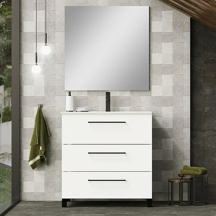 Artysan Conjunto de mueble de baño Arosa 3C - Ancho: 80 cm, 3 pzs., Blanco, Mate - Imagen de un tocador de baño blanco moderno con tres cajones, un espejo y una iluminación elegante.