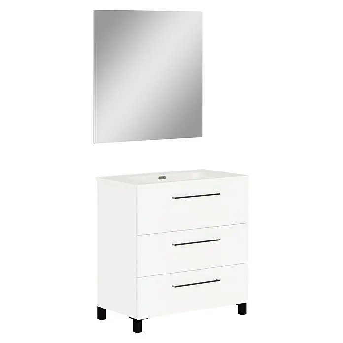 Artysan Conjunto de mueble de baño Arosa 3C - Ancho: 80 cm, 3 pzs., Blanco, Mate - Imagen de un moderno tocador de baño con tres cajones y un espejo rectangular, ideal para baños elegantes.