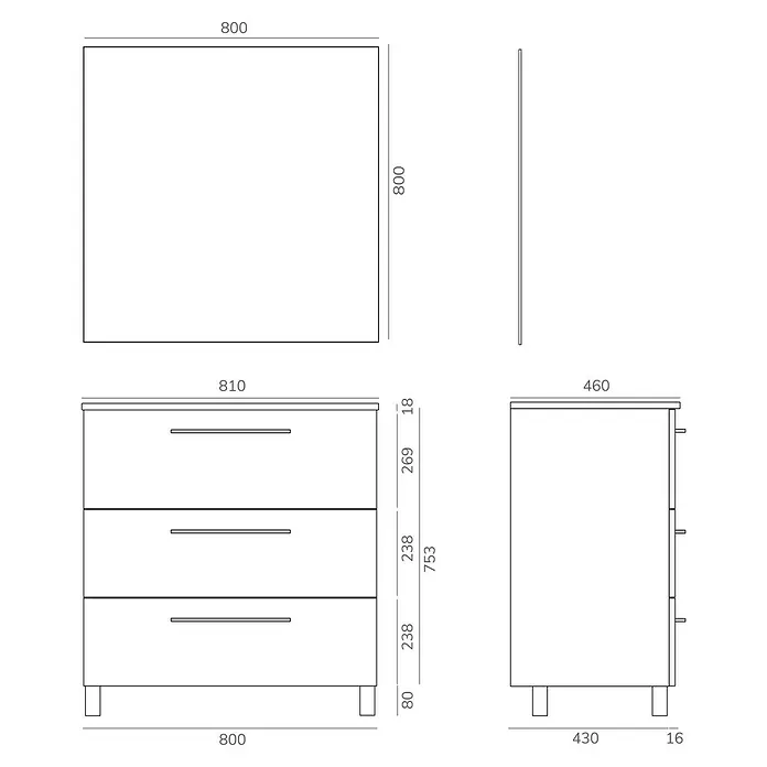 Artysan Conjunto de mueble de baño Arosa 3C - Ancho: 80 cm, 3 pzs., Teka, Mate - Vista del producto: mueble de baño con espejo. El mueble bajo tiene tres cajones y se apoya sobre pies. Se indican las dimensiones.