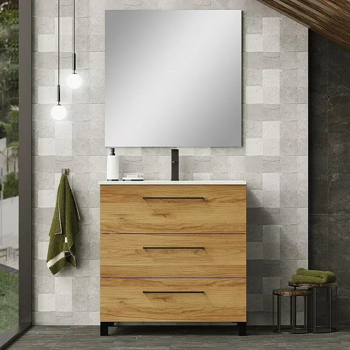 Artysan Conjunto de mueble de baño Arosa 3C - Ancho: 80 cm, 3 pzs., Teka, Mate - Un tocador de baño moderno con tres cajones, un gran espejo y luces colgantes minimalistas añade estilo al baño.